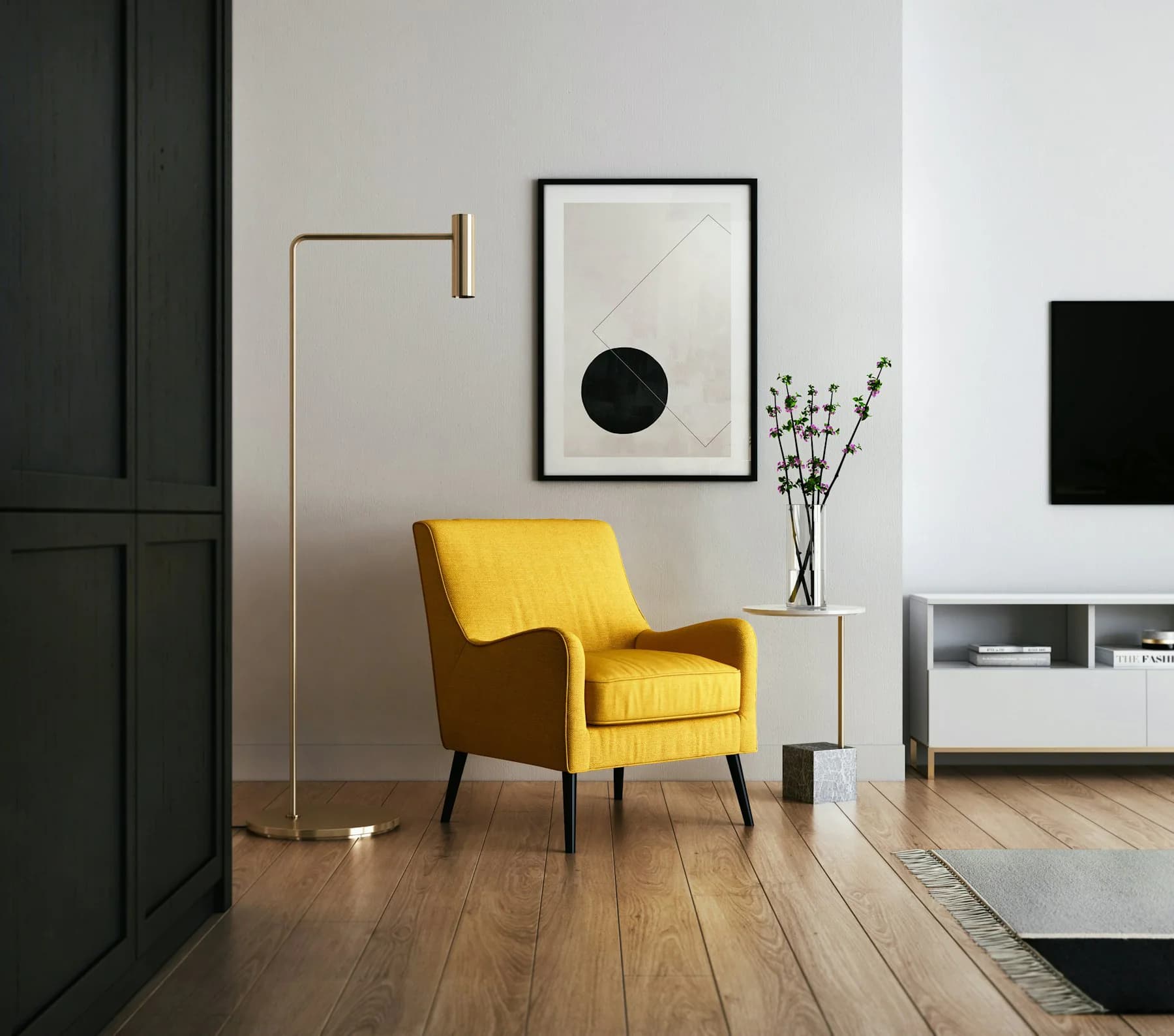 Mustard yellow lounge chair in a modern living room