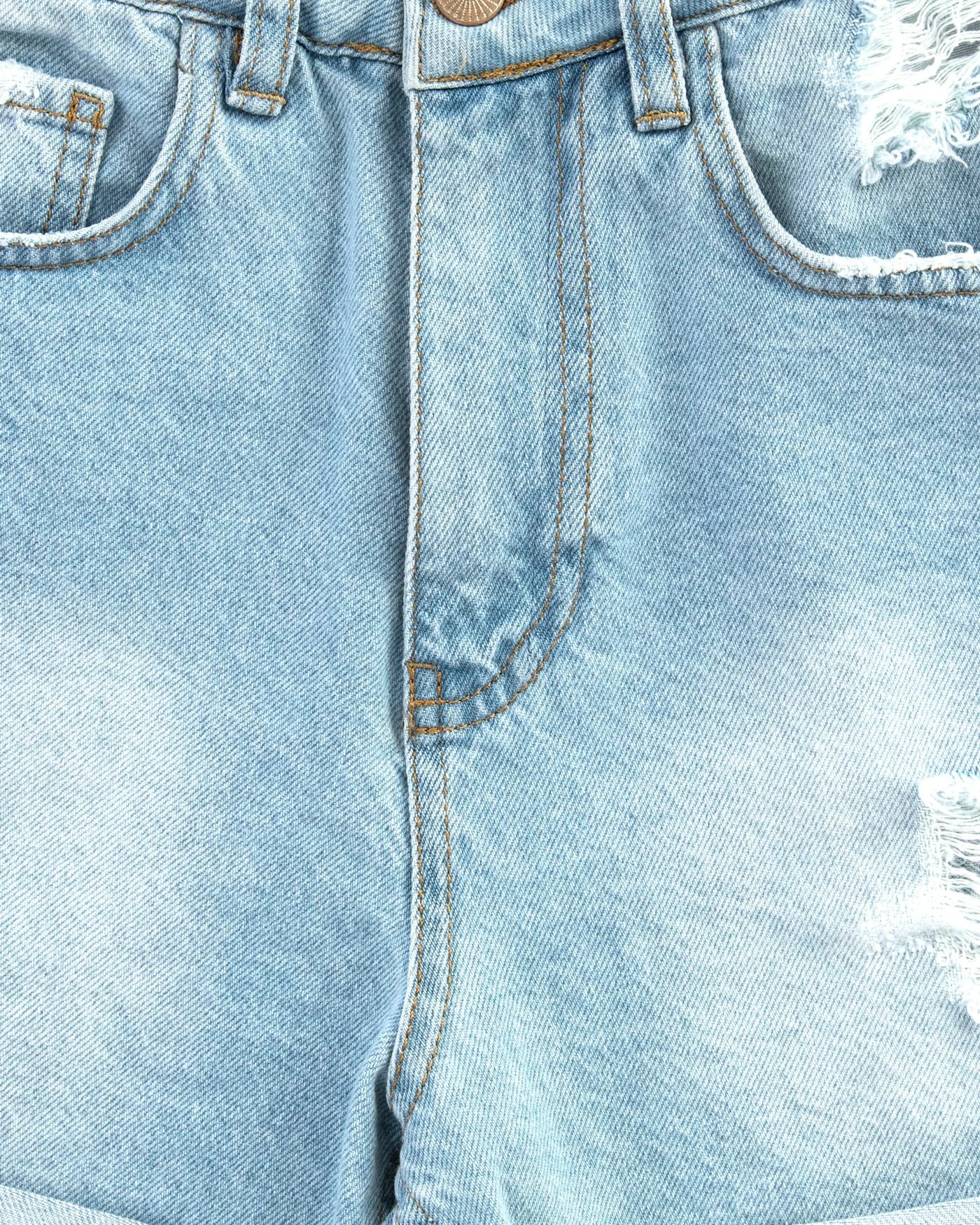 Light-wash distressed denim shorts on a white background — detail