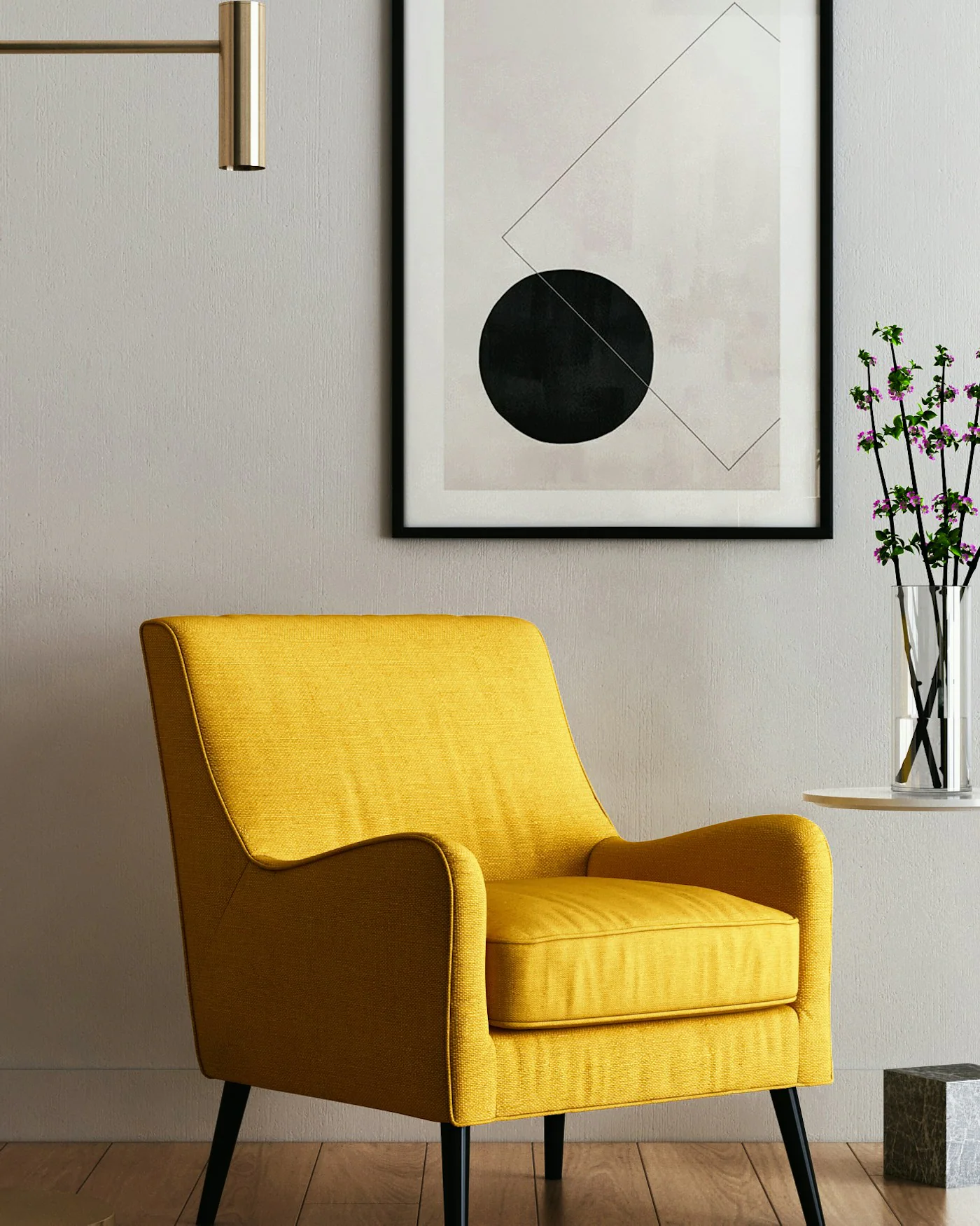 Mustard yellow lounge chair in a modern living room — detail